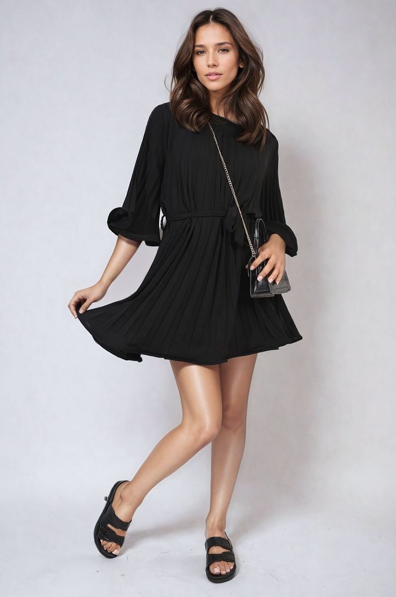 She Wears Glory™ Pleated Tie Waist Mini Dress