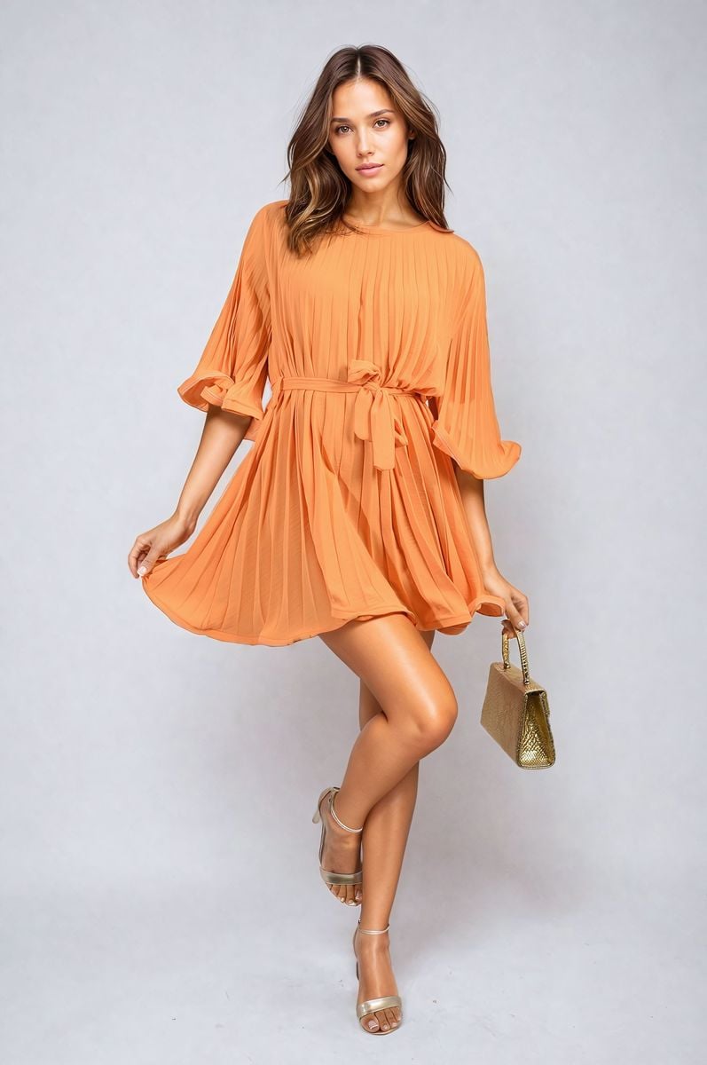 She Wears Glory™ Pleated Tie Waist Mini Dress