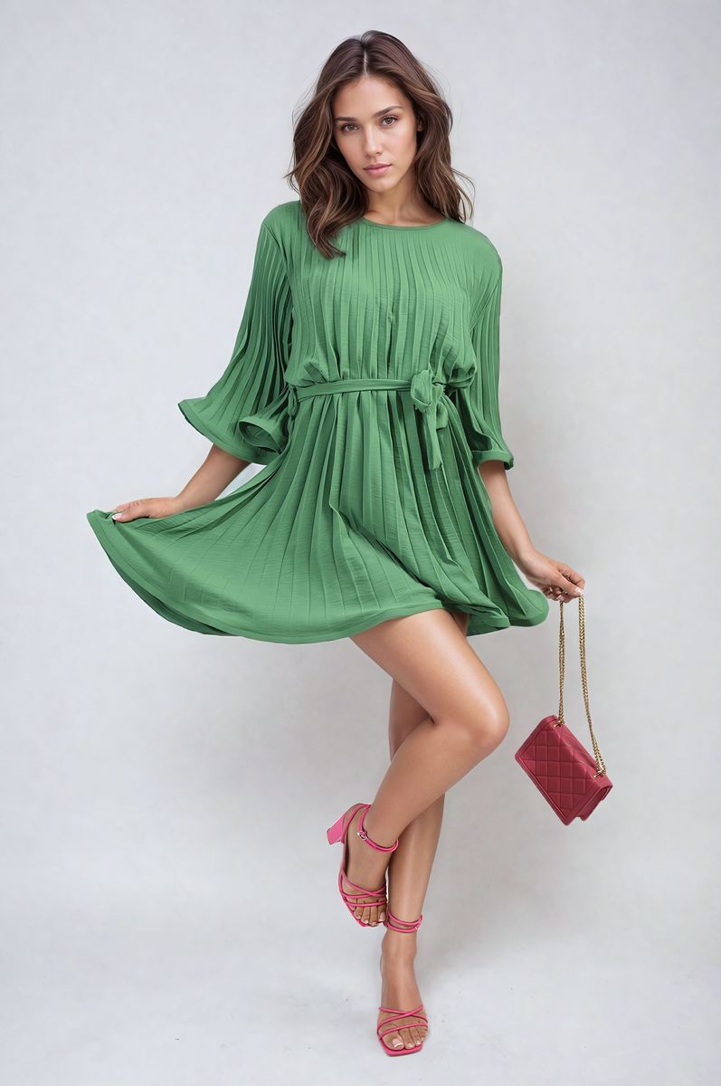 She Wears Glory™ Pleated Tie Waist Mini Dress