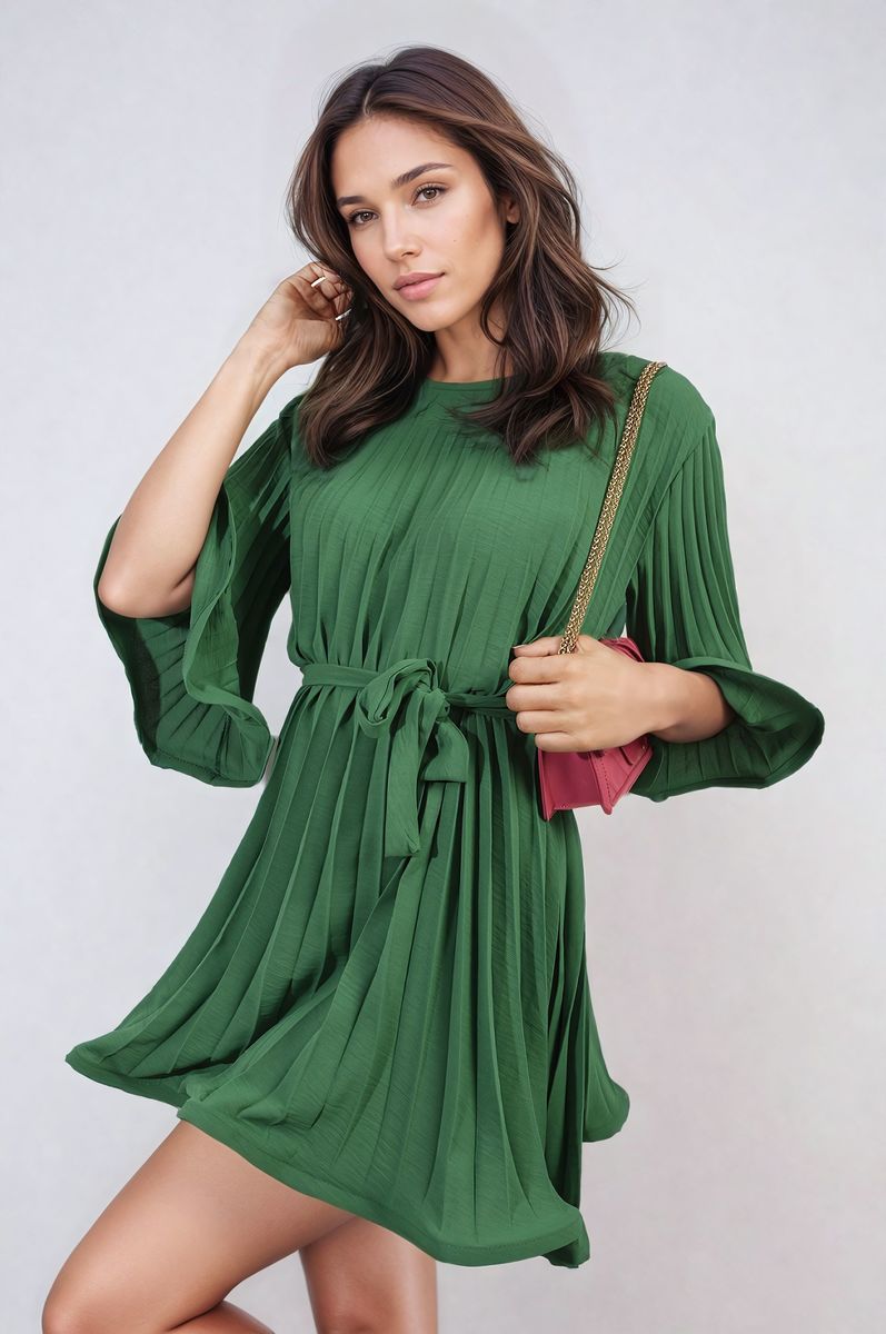 She Wears Glory™ Pleated Tie Waist Mini Dress