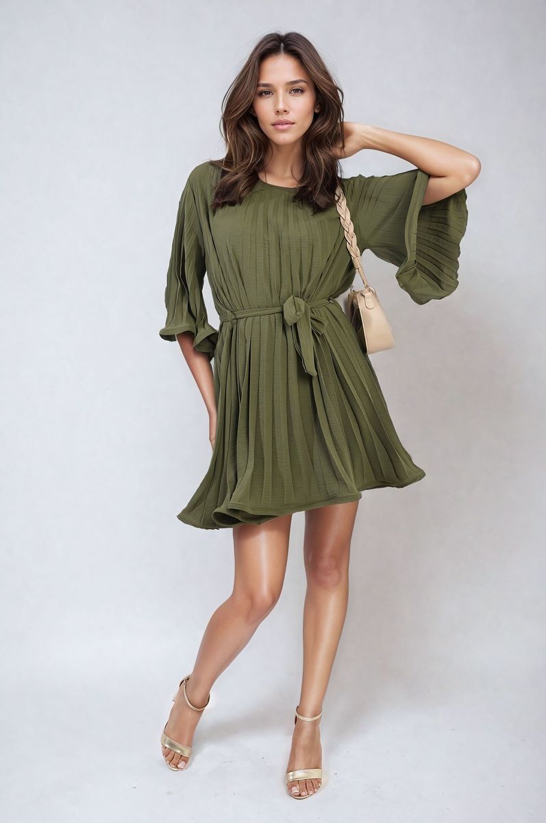 She Wears Glory™ Pleated Tie Waist Mini Dress