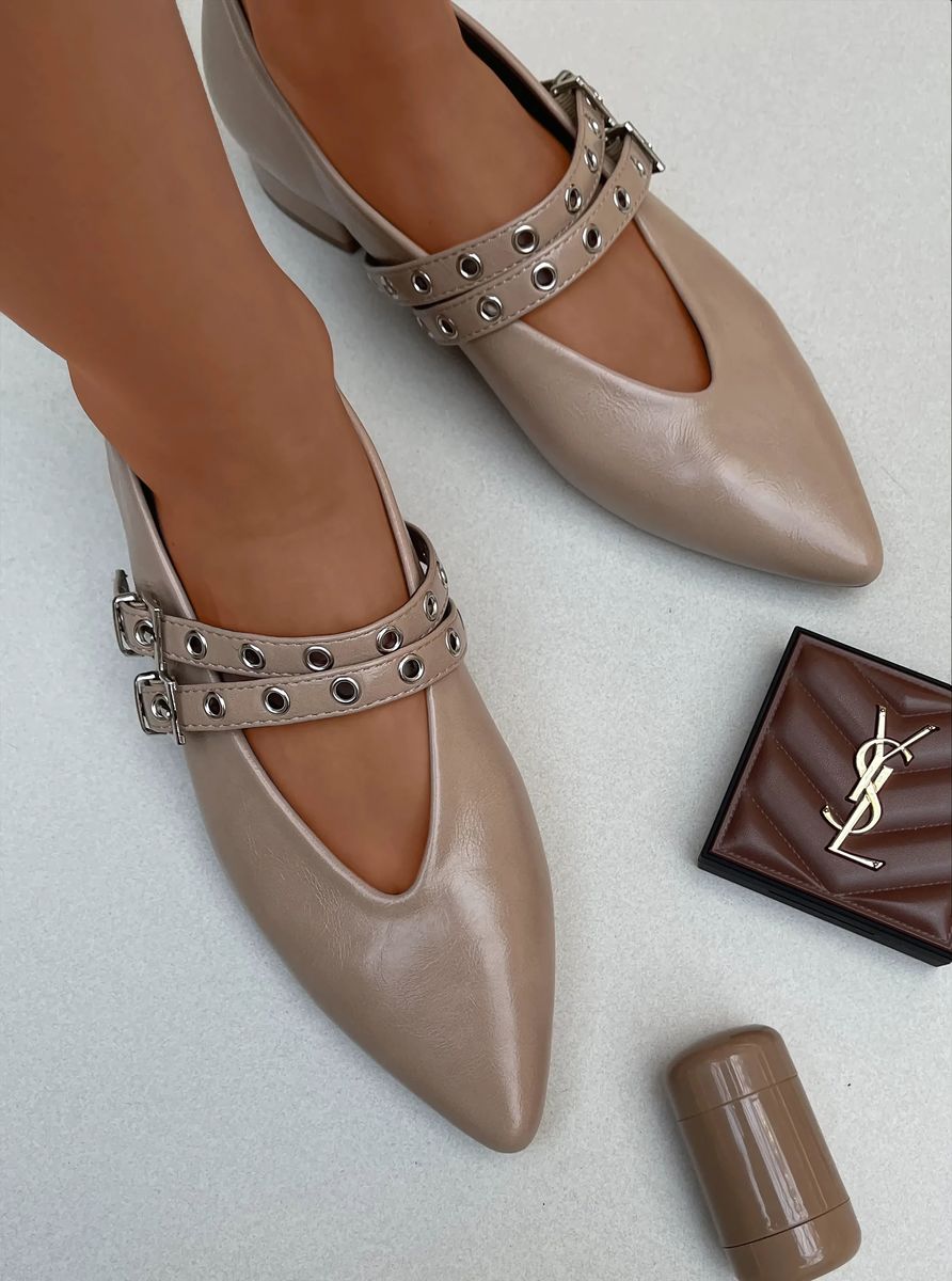 Low Heel Double Buckle Eyelet Strap Pointed Flat Shoes - She Wears Glory Beverly Hills
