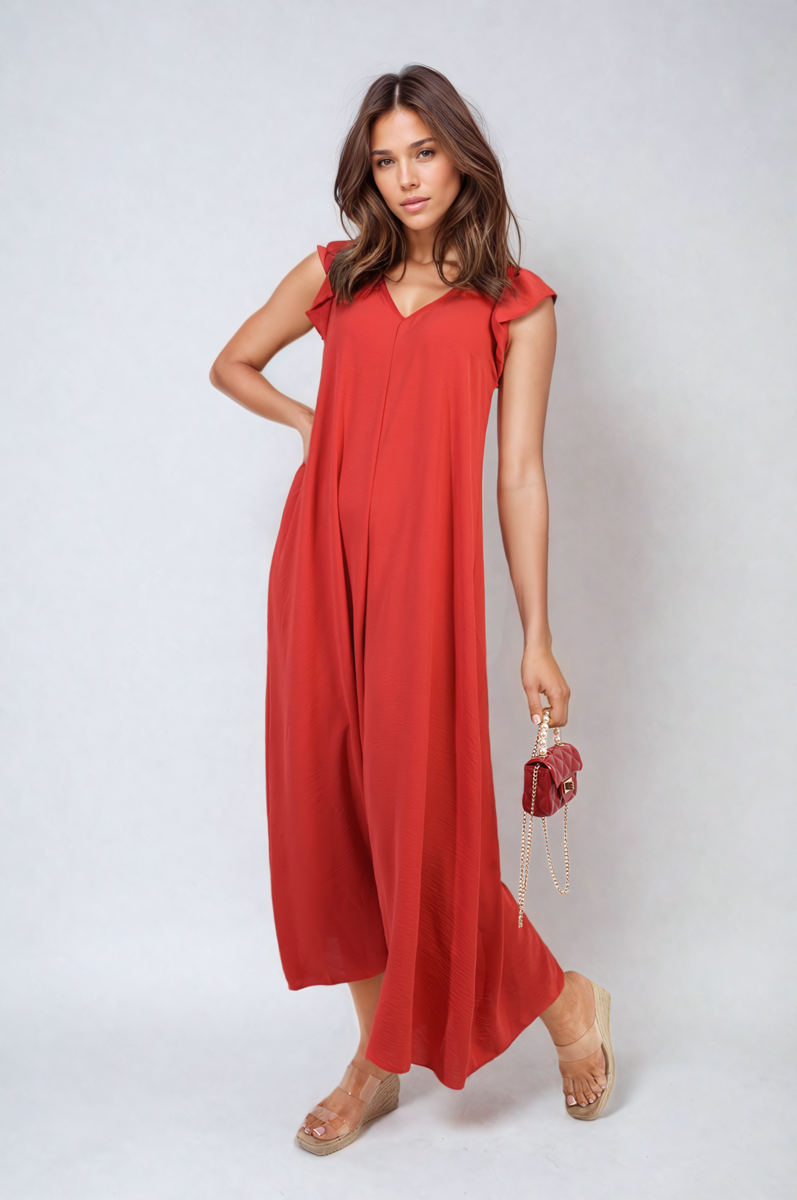 She Wears Glory™ Ruffle Sleeve V-Neck Loose Waist Wide Leg Jumpsuit