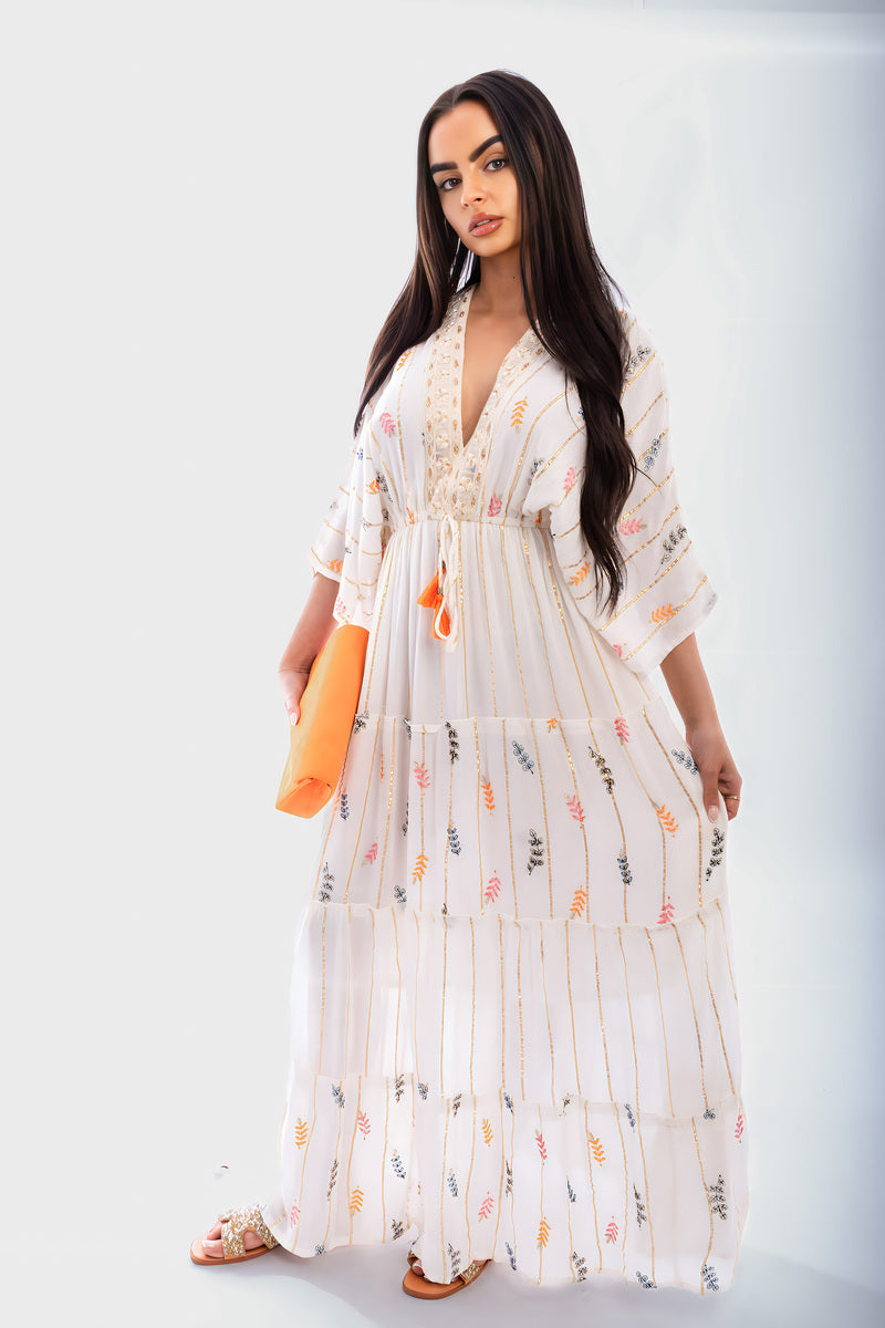 V-Neck Tassel Printed Detail Maxi Dress - She Wears Glory Beverly Hills