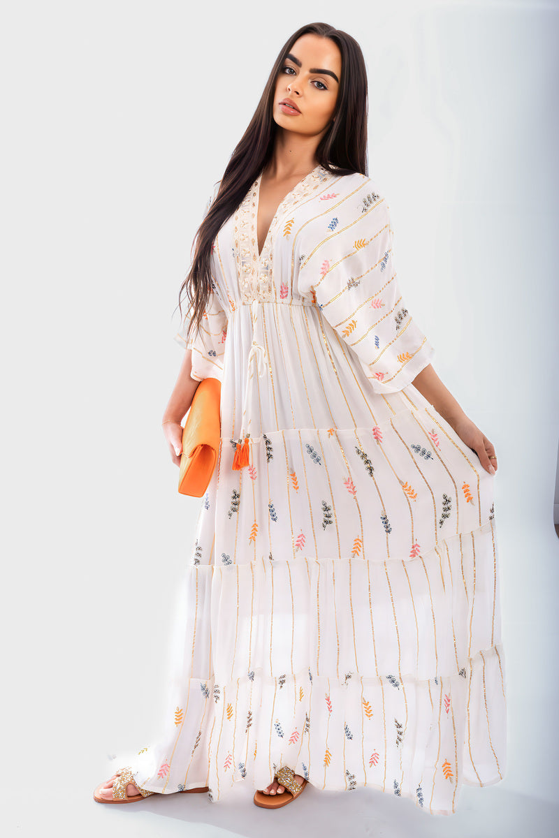 V-Neck Tassel Printed Detail Maxi Dress - She Wears Glory Beverly Hills