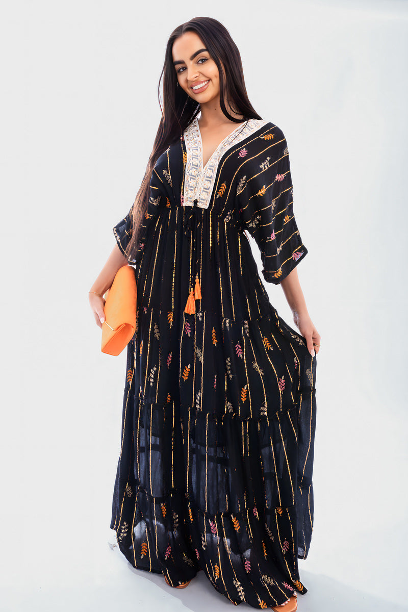 V-Neck Tassel Printed Detail Maxi Dress - She Wears Glory Beverly Hills
