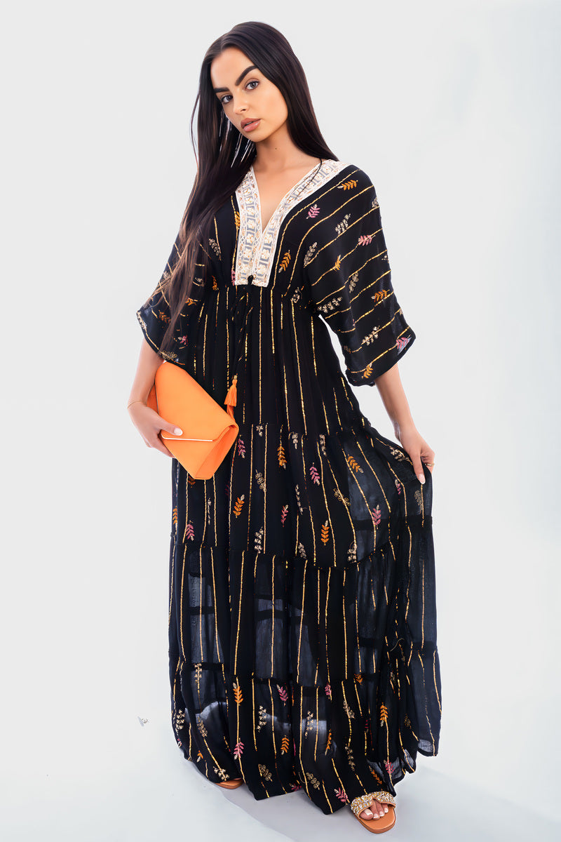 V-Neck Tassel Printed Detail Maxi Dress - She Wears Glory Beverly Hills
