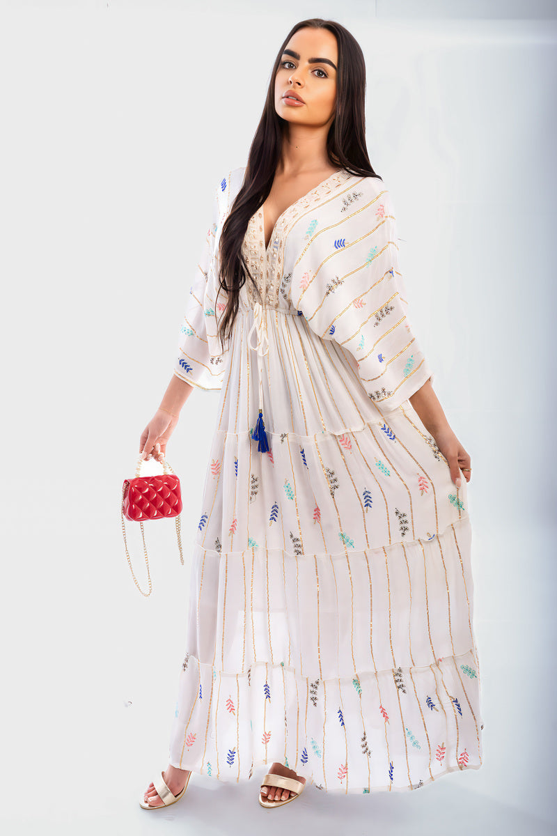 V-Neck Tassel Printed Detail Maxi Dress - She Wears Glory Beverly Hills