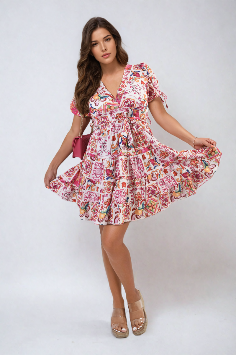She Wears Glory™ Floral V-Neck Tie Waist Mini Dress