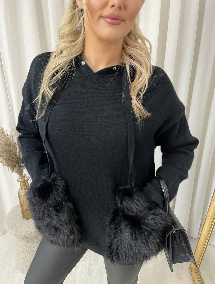 Pompom Faux Fur Trim Knitted Hoodie - She Wears Glory Beverly Hills