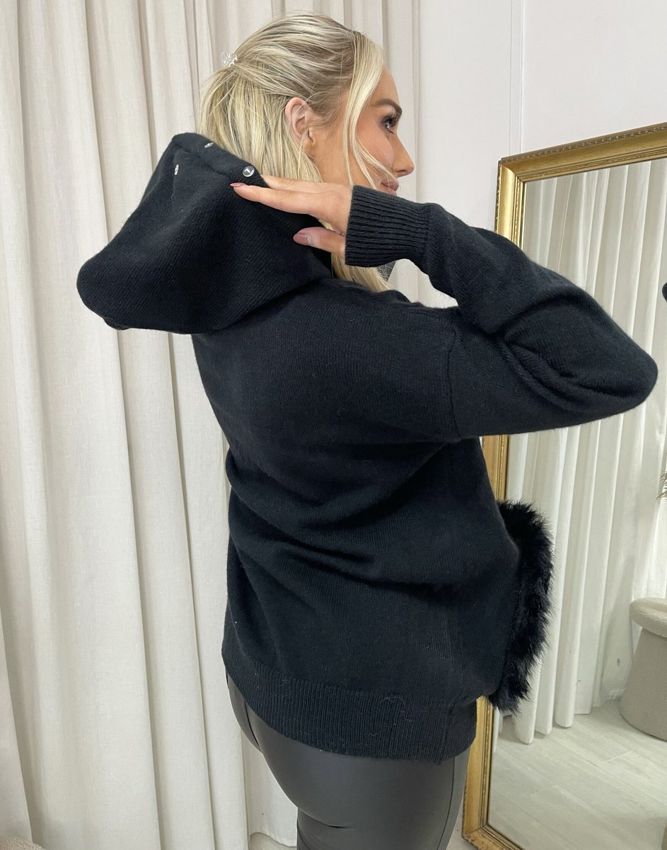 Pompom Faux Fur Trim Knitted Hoodie - She Wears Glory Beverly Hills