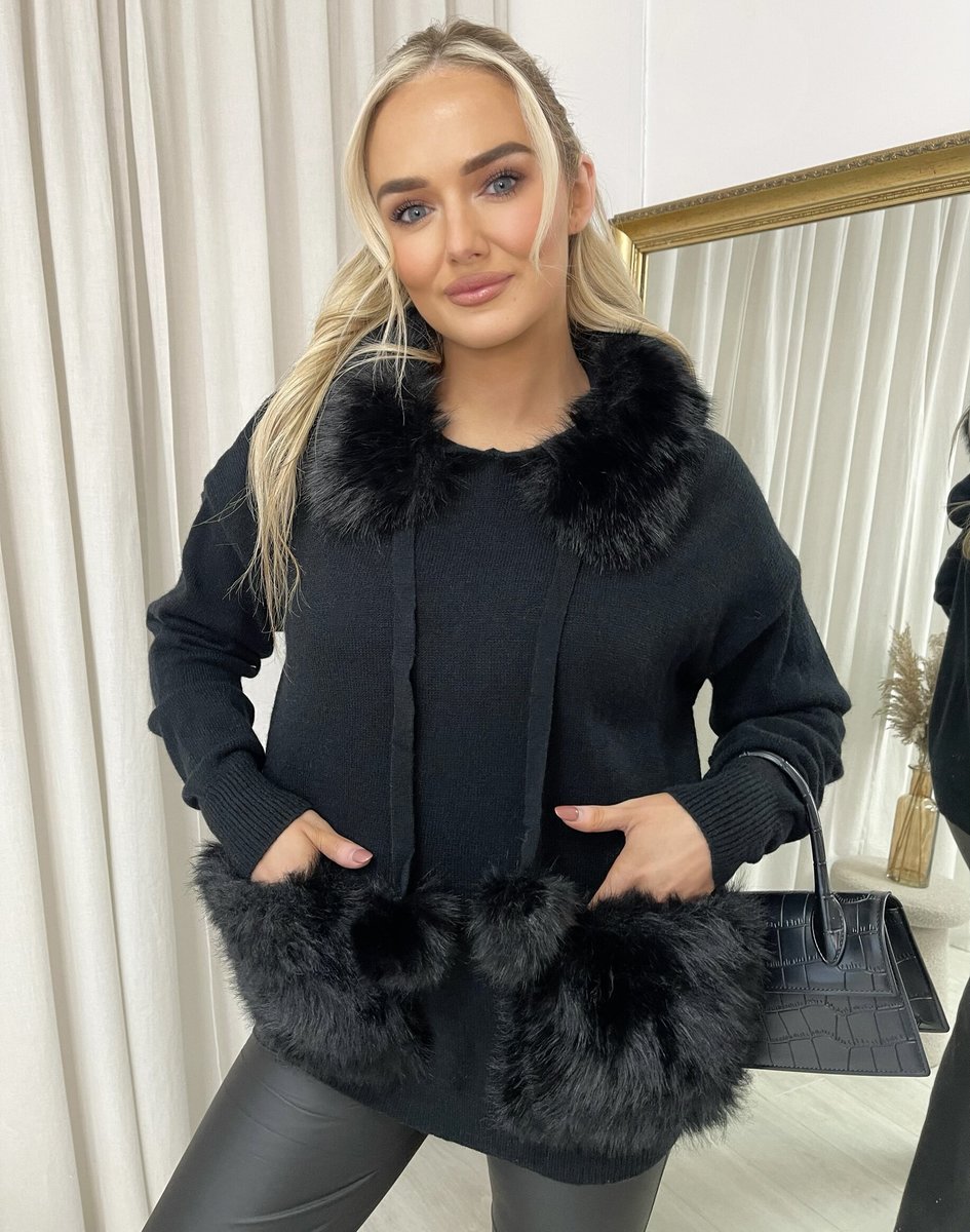 Pompom Faux Fur Trim Knitted Hoodie - She Wears Glory Beverly Hills