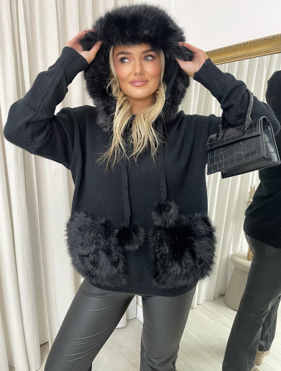 Pompom Faux Fur Trim Knitted Hoodie - She Wears Glory Beverly Hills