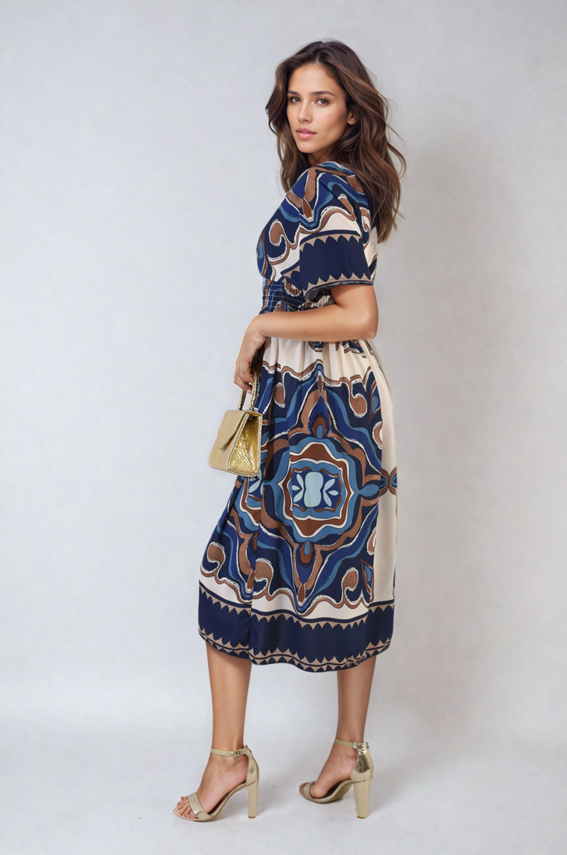 She Wears Glory™ Ruched Printed V-Neck Short Sleeve Midi Dress
