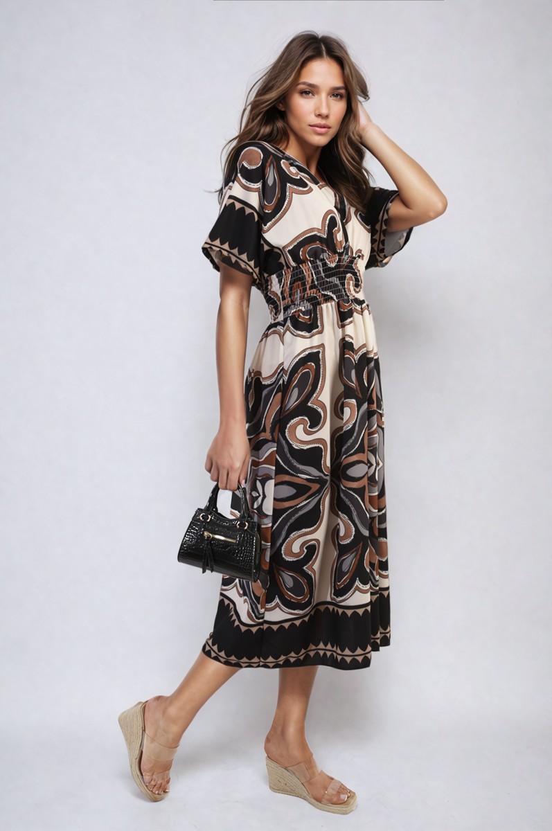She Wears Glory™ Ruched Printed V-Neck Short Sleeve Midi Dress