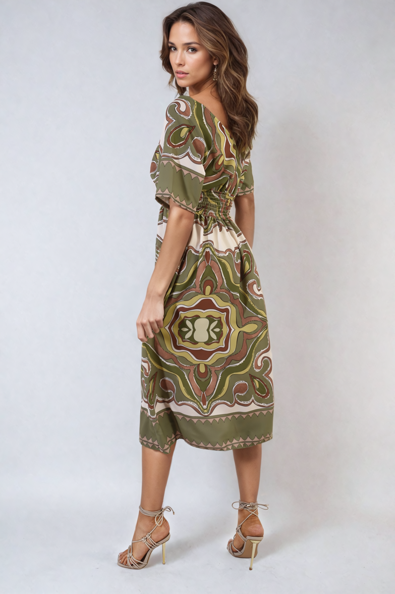 She Wears Glory™ Ruched Printed V-Neck Short Sleeve Midi Dress