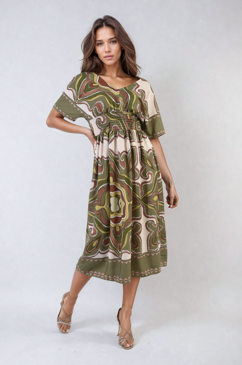 She Wears Glory™ Ruched Printed V-Neck Short Sleeve Midi Dress