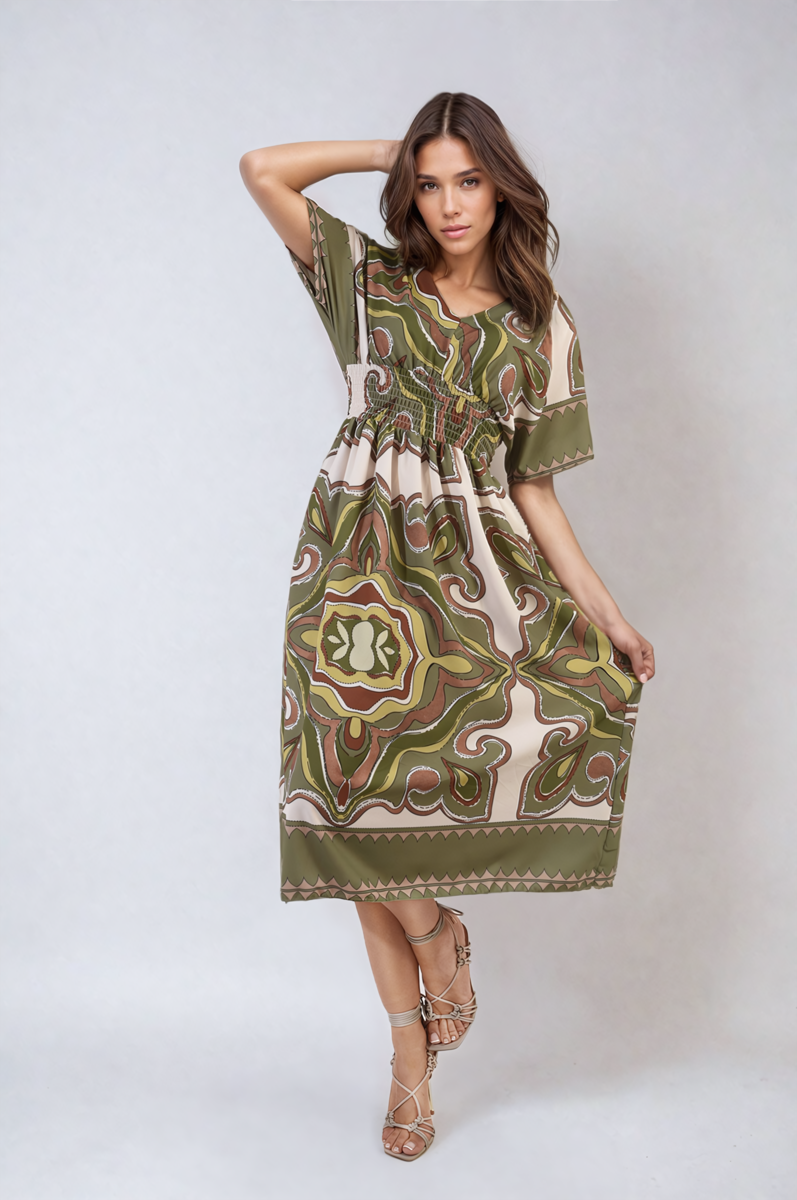 She Wears Glory™ Ruched Printed V-Neck Short Sleeve Midi Dress
