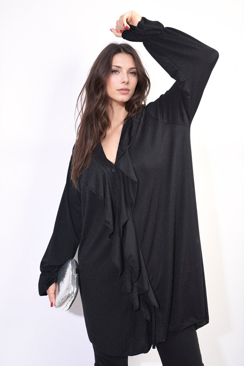 She Wears Glory™ Oversized Satin Ruffle Shirt Dress