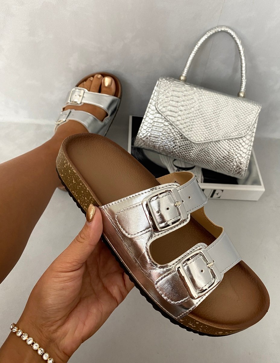 She Wears Glory™ Metallic Buckle Slide Sandals