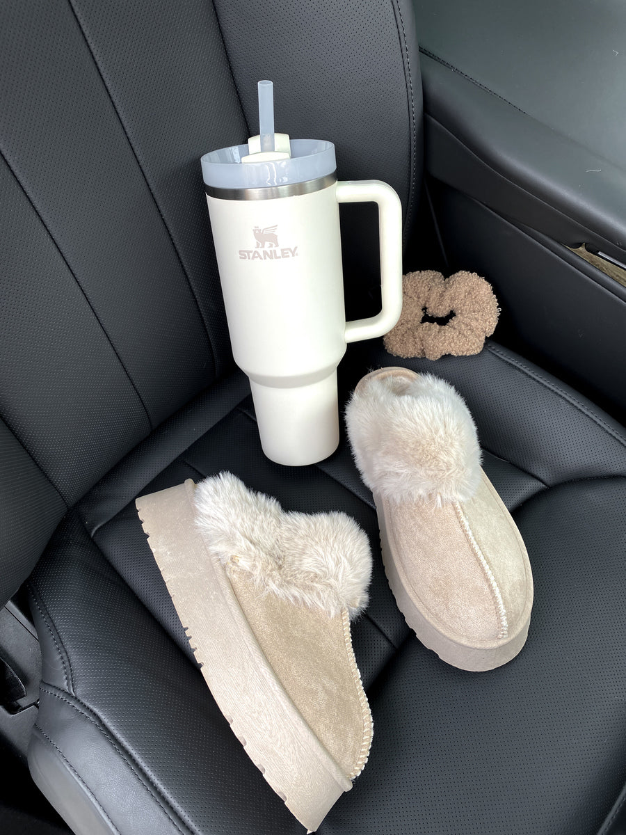 She Wears Glory™ Faux Fur Trim Whisp Chunky Platform Slippers