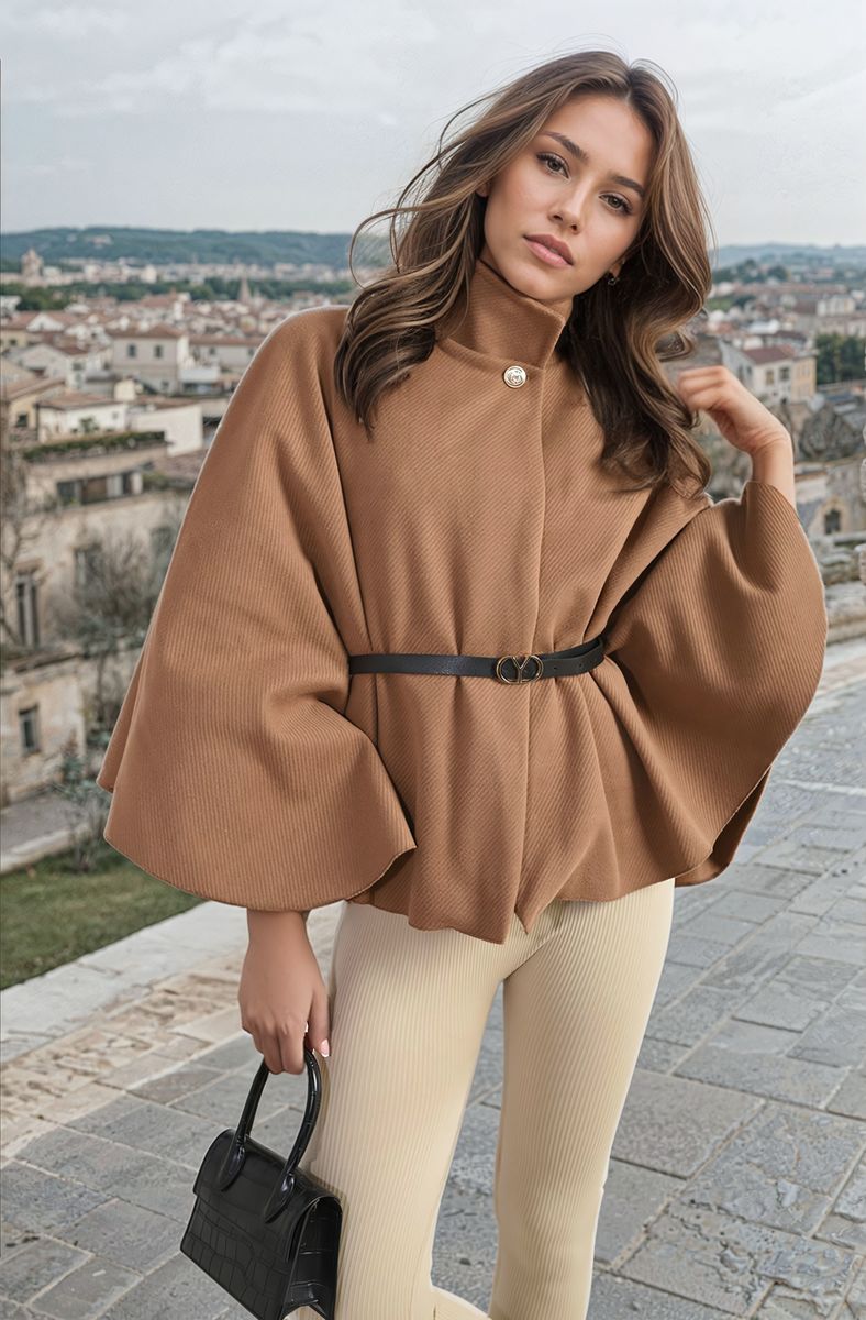 She Wears Glory™ High Neck Belted Cape Jacket