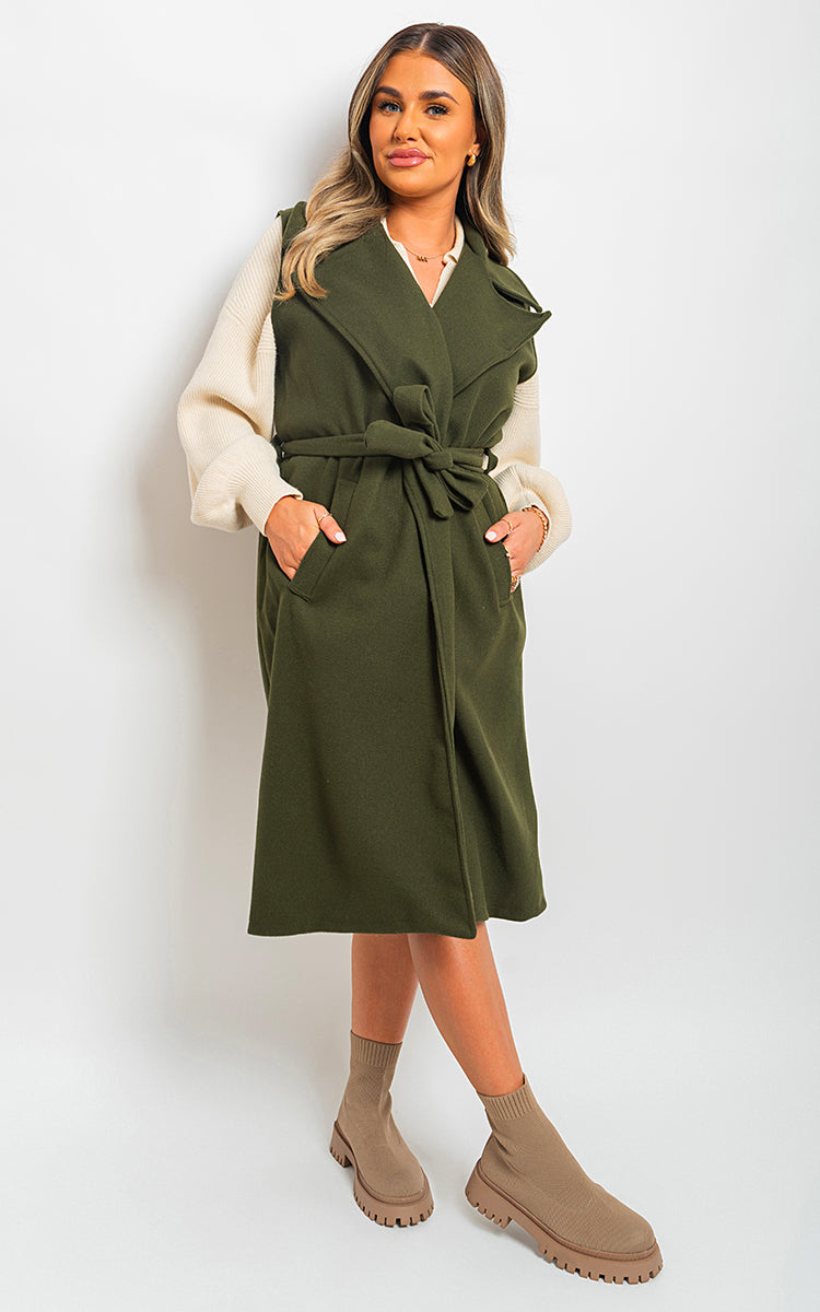 She Wears Glory™ Longline Sleeveless Wide Lapel Waist Tie Jacket - She Wears Glory Beverly Hills