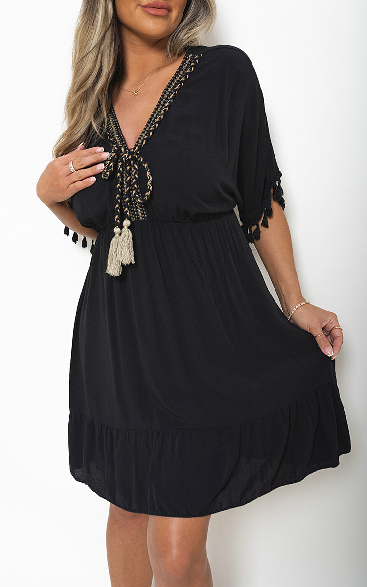 She Wears Glory™ V-Neck Short Sleeve Midi Dress with Tassel Detail