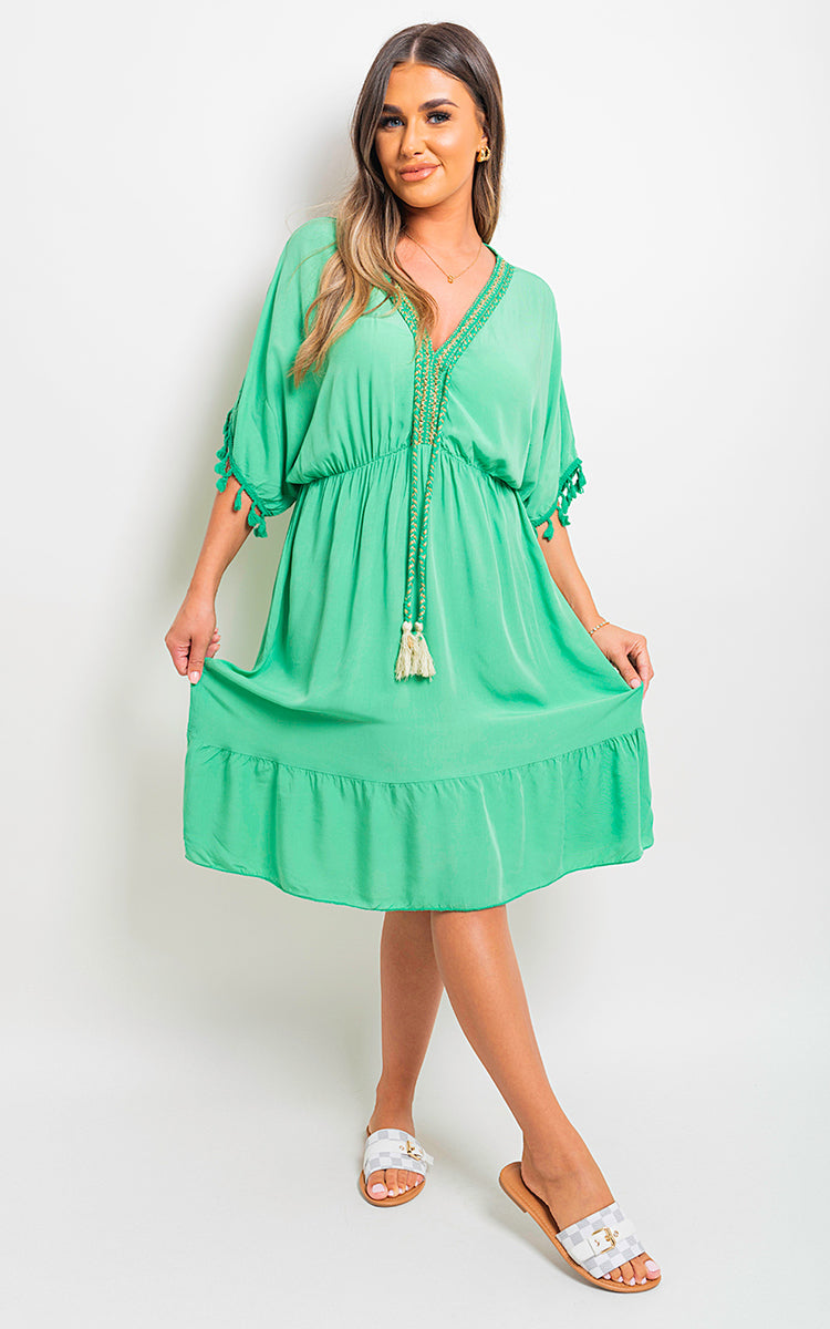 She Wears Glory™ V-Neck Short Sleeve Midi Dress with Tassel Detail