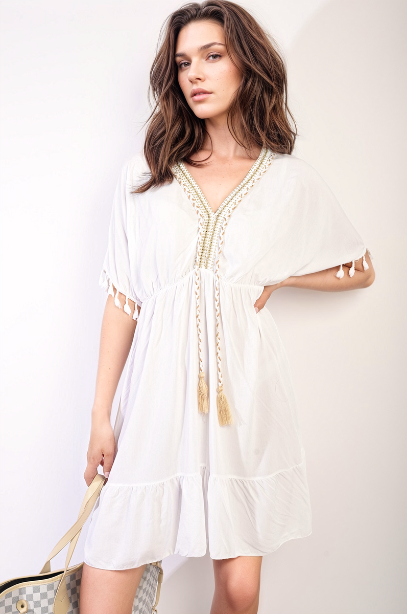 She Wears Glory™ V-Neck Short Sleeve Midi Dress with Tassel Detail