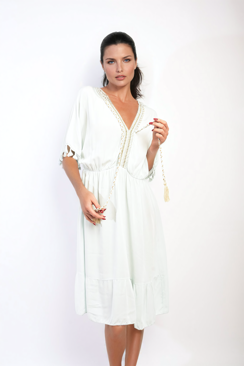 She Wears Glory™ V-Neck Short Sleeve Midi Dress with Tassel Detail