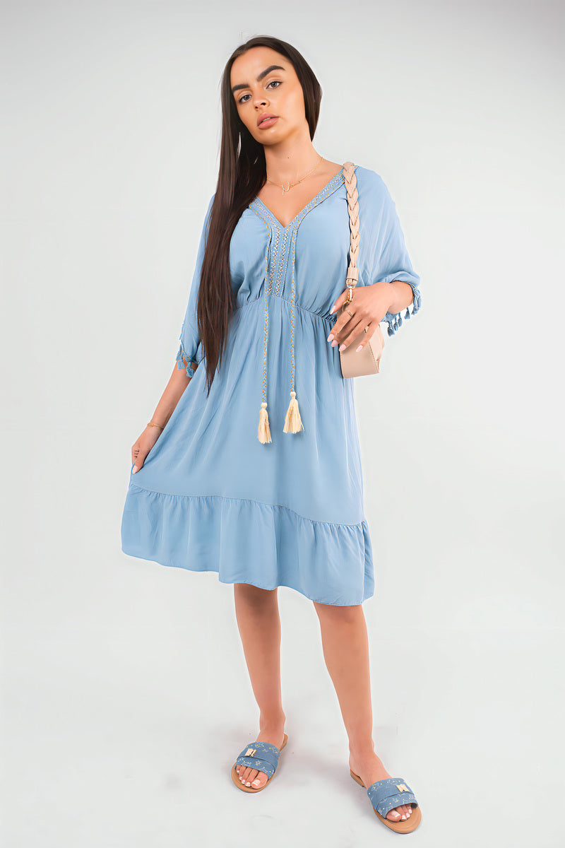 She Wears Glory™ V-Neck Short Sleeve Midi Dress with Tassel Detail