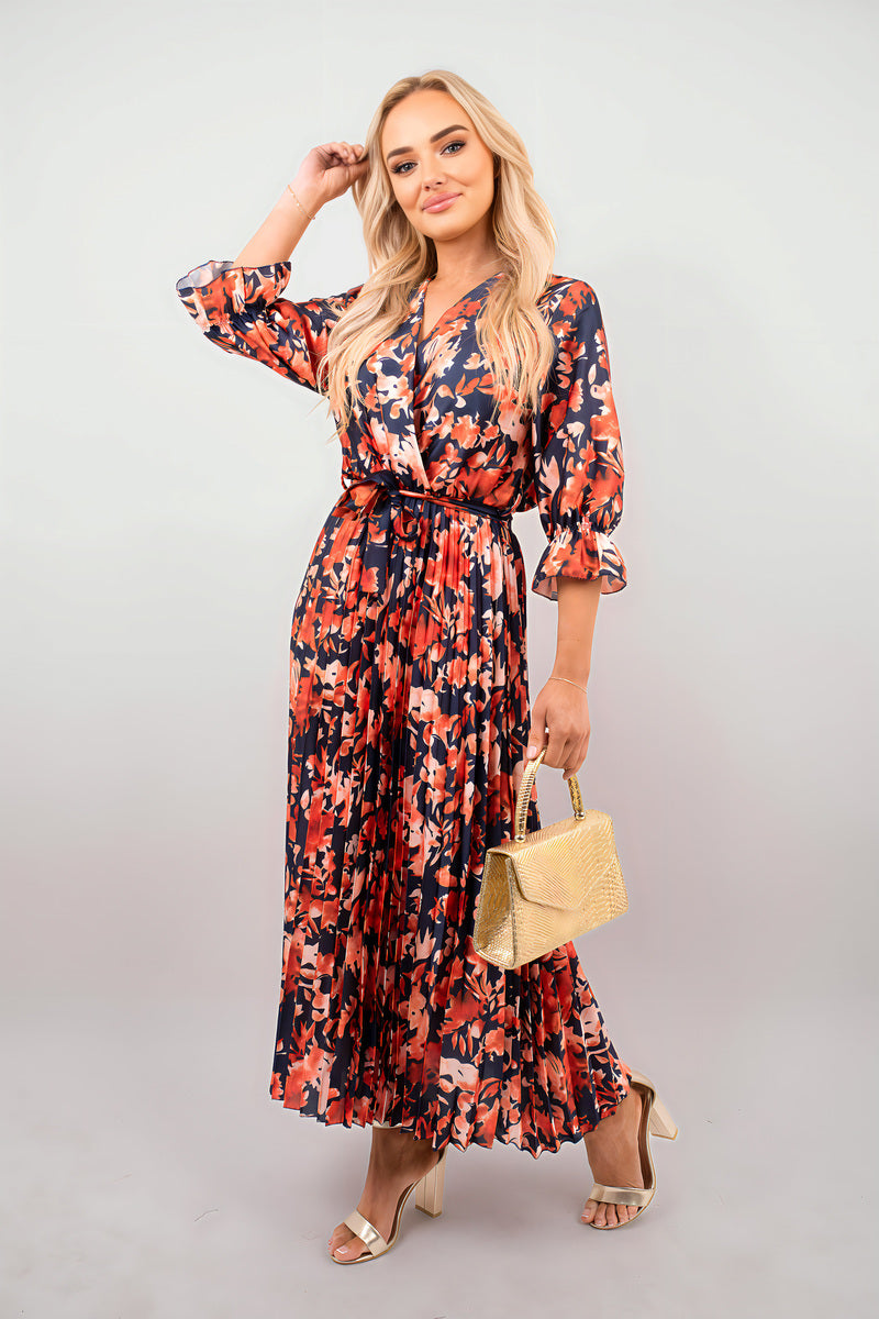Floral Printed Long Sleeve Pleated Midi Dress - She Wears Glory Beverly Hills