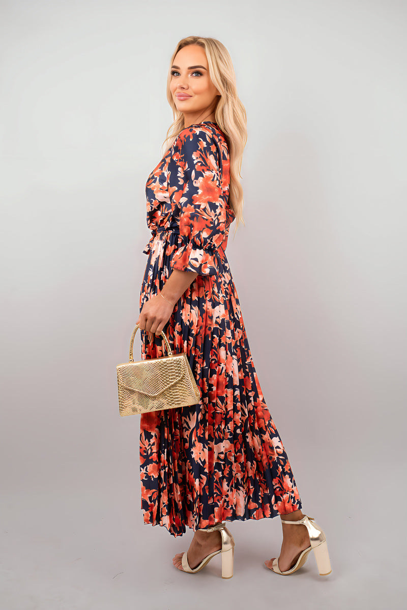 Floral Printed Long Sleeve Pleated Midi Dress - She Wears Glory Beverly Hills