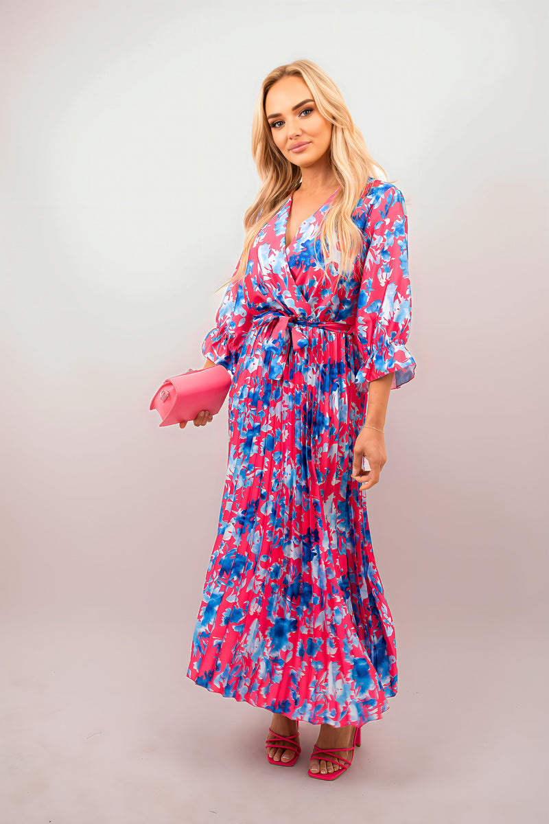 Floral Printed Long Sleeve Pleated Midi Dress - She Wears Glory Beverly Hills