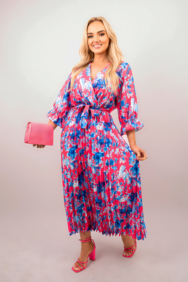 Floral Printed Long Sleeve Pleated Midi Dress - She Wears Glory Beverly Hills