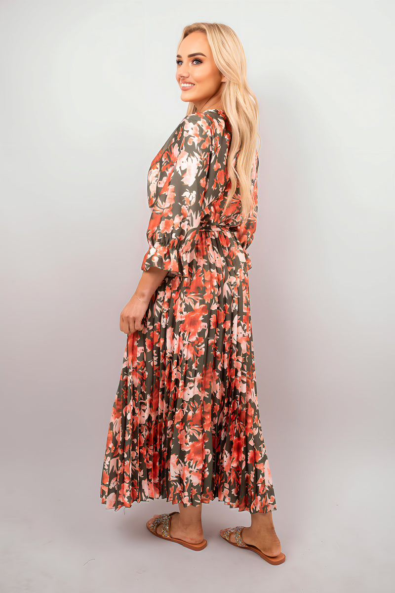 Floral Printed Long Sleeve Pleated Midi Dress - She Wears Glory Beverly Hills