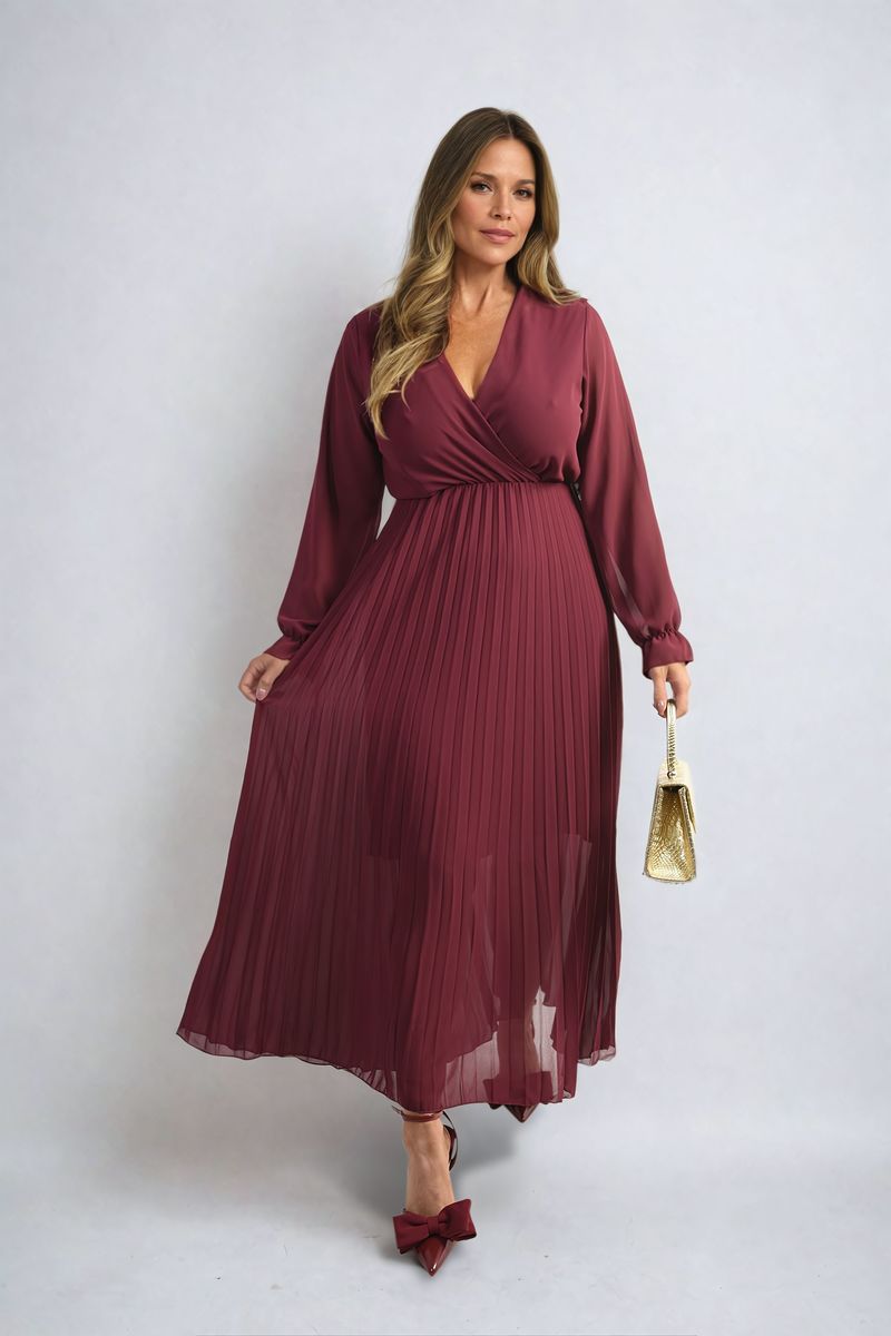 Long Sleeve V-Neck Pleated Maxi Dress - She Wears Glory Beverly Hills