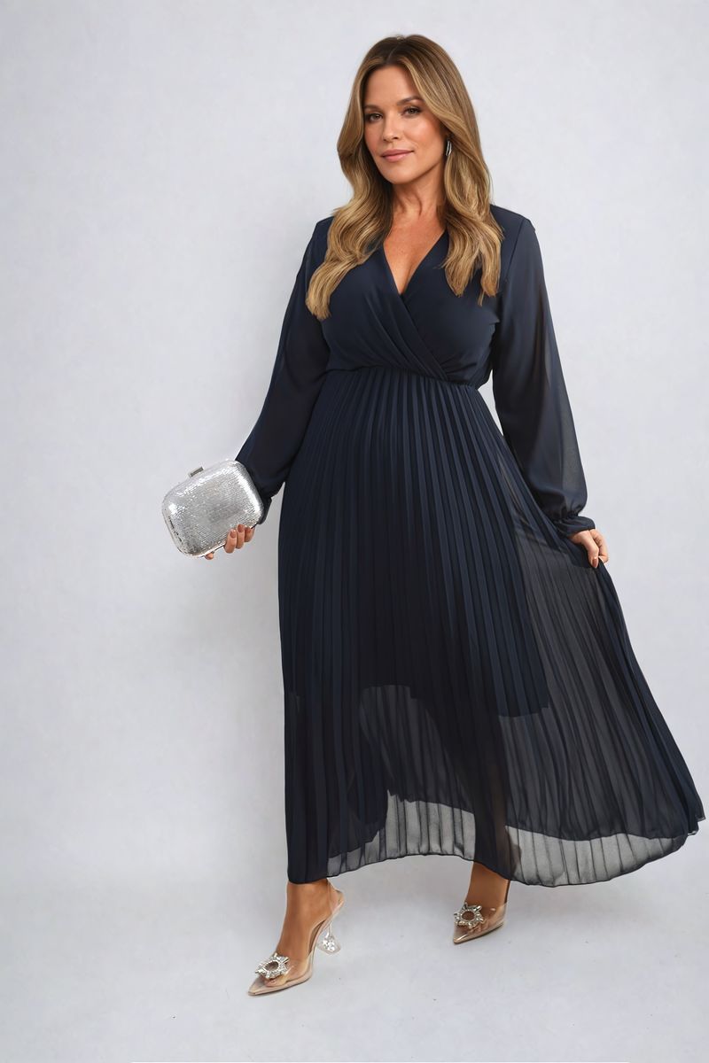 Long Sleeve V-Neck Pleated Maxi Dress - She Wears Glory Beverly Hills