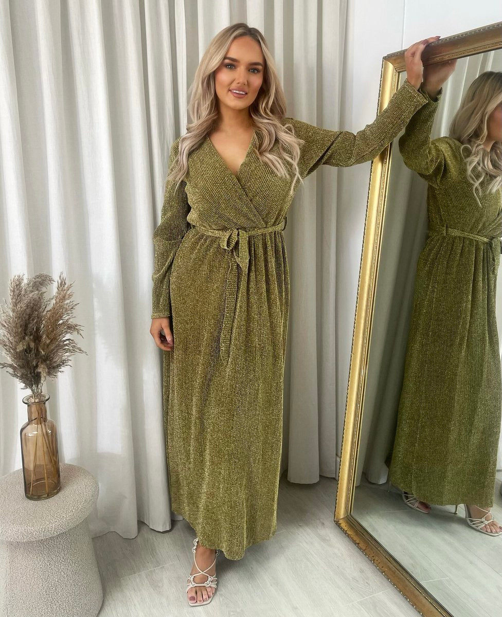 Elegant V Neck Tie Waist Glittery Maxi Dress - She Wears Glory Beverly Hills