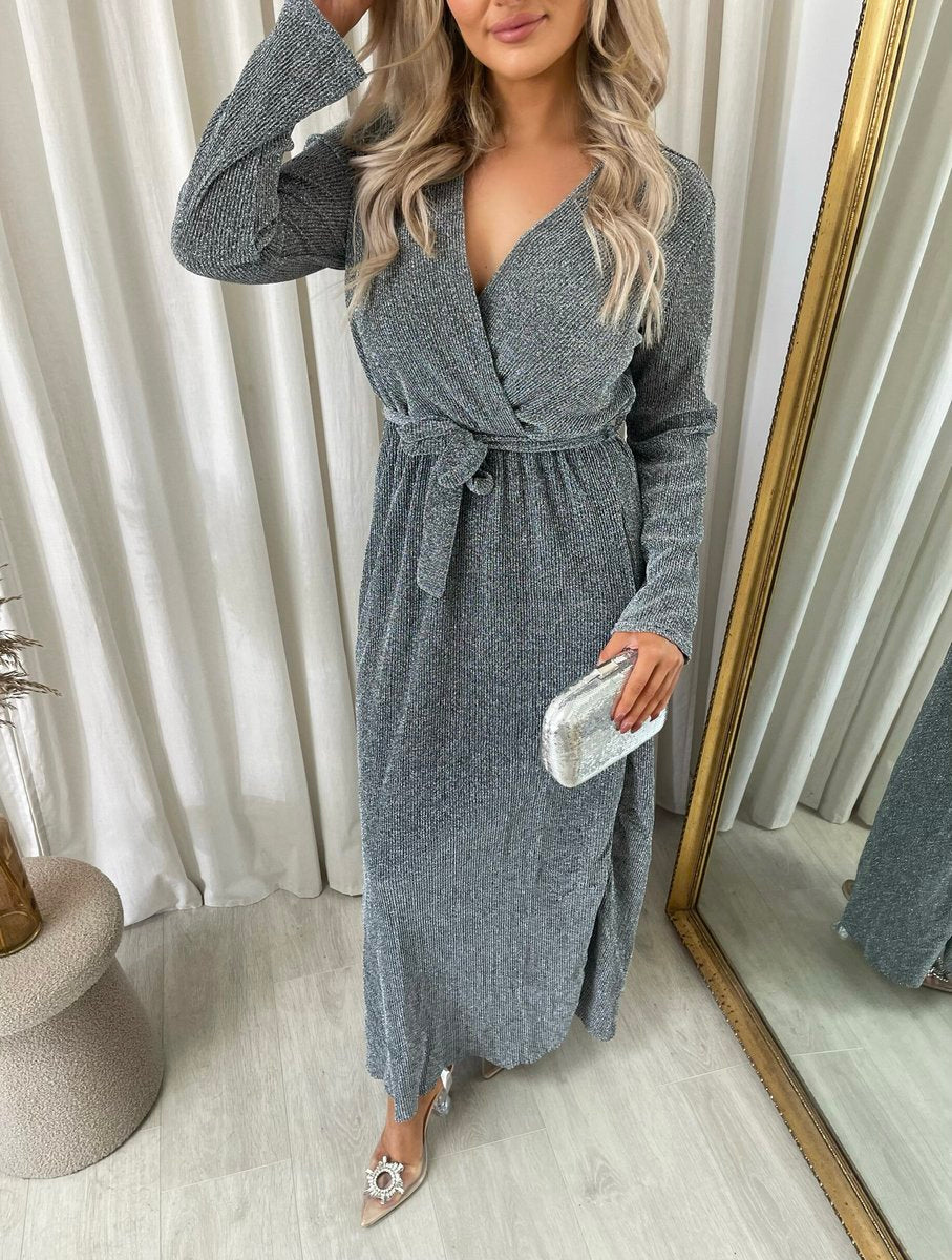 Elegant V Neck Tie Waist Glittery Maxi Dress - She Wears Glory Beverly Hills