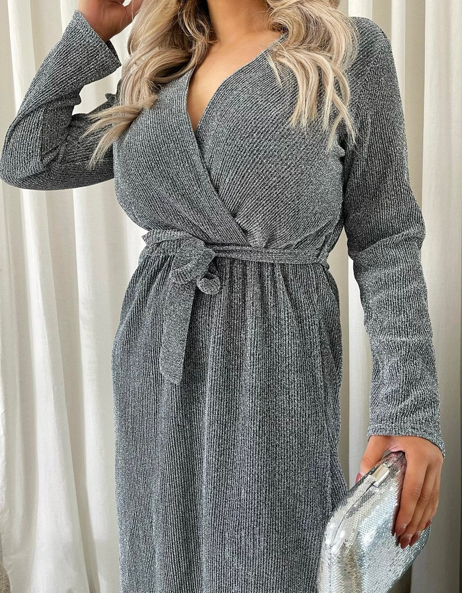 Elegant V Neck Tie Waist Glittery Maxi Dress - She Wears Glory Beverly Hills