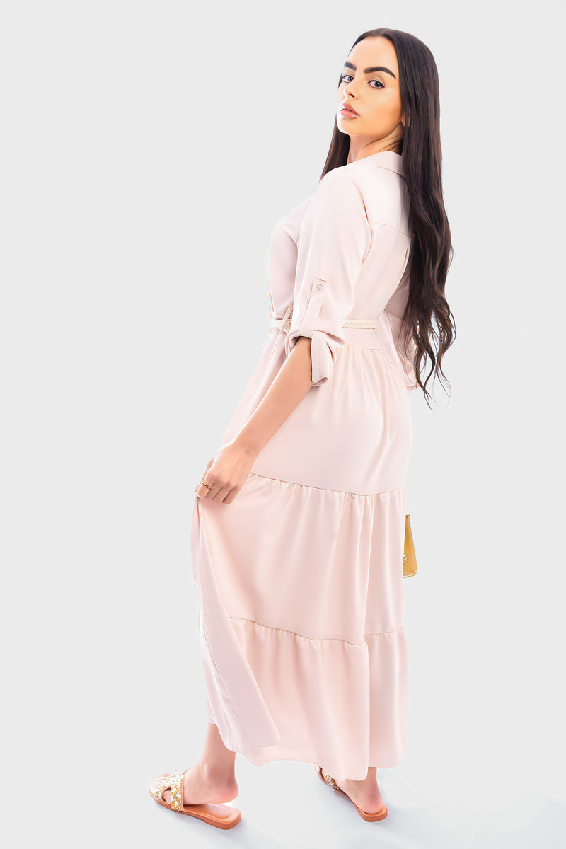 Belted Button Down Tiered Maxi Dress - She Wears Glory Beverly Hills