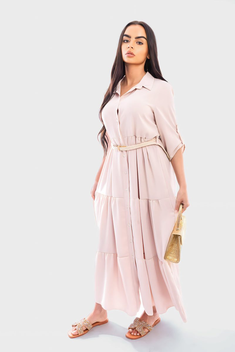 Belted Button Down Tiered Maxi Dress - She Wears Glory Beverly Hills