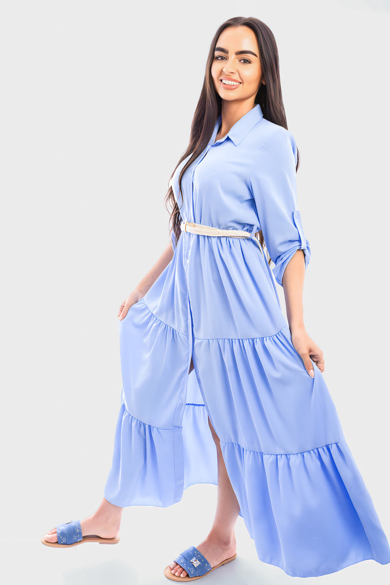 Belted Button Down Tiered Maxi Dress - She Wears Glory Beverly Hills
