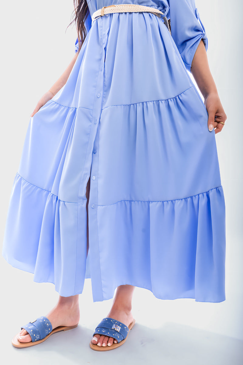 Belted Button Down Tiered Maxi Dress - She Wears Glory Beverly Hills