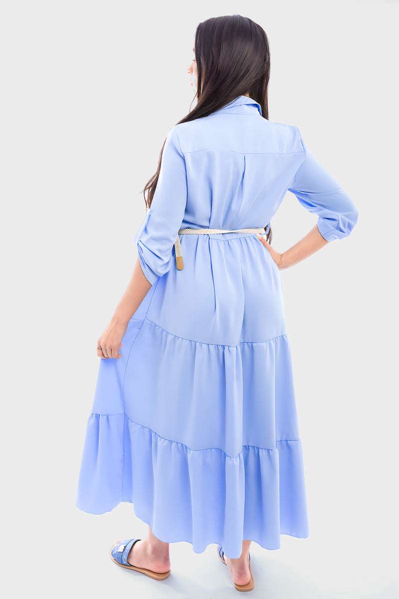 Belted Button Down Tiered Maxi Dress - She Wears Glory Beverly Hills