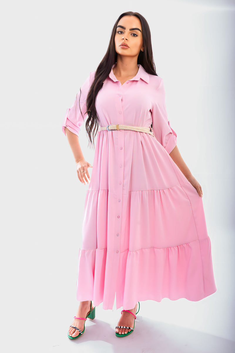 Belted Button Down Tiered Maxi Dress - She Wears Glory Beverly Hills