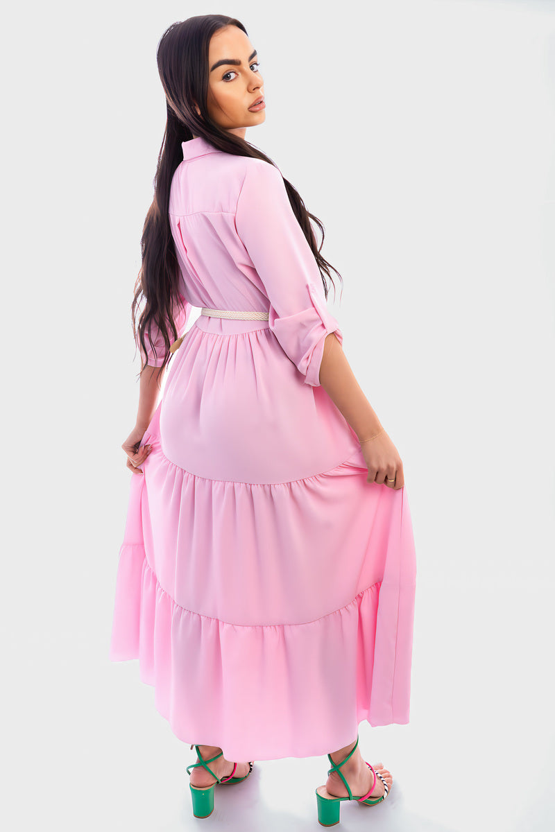 Belted Button Down Tiered Maxi Dress - She Wears Glory Beverly Hills
