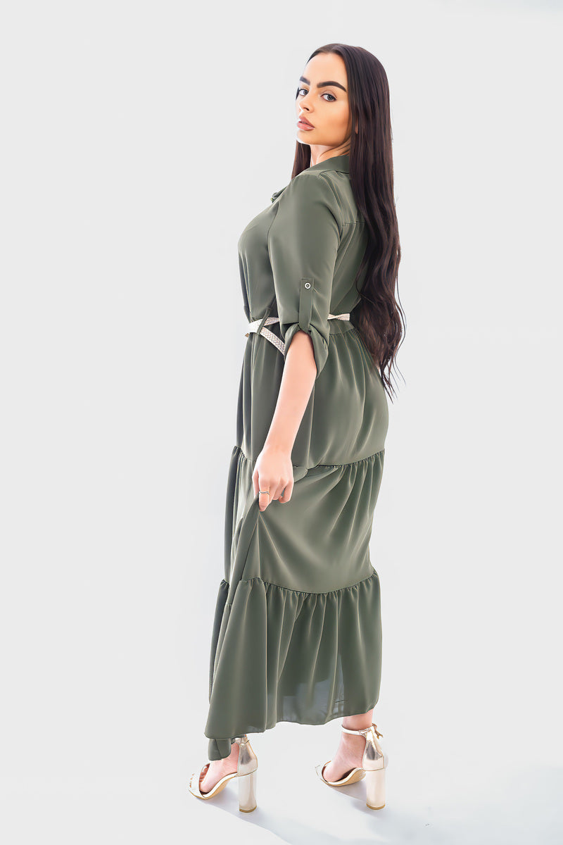Belted Button Down Tiered Maxi Dress - She Wears Glory Beverly Hills